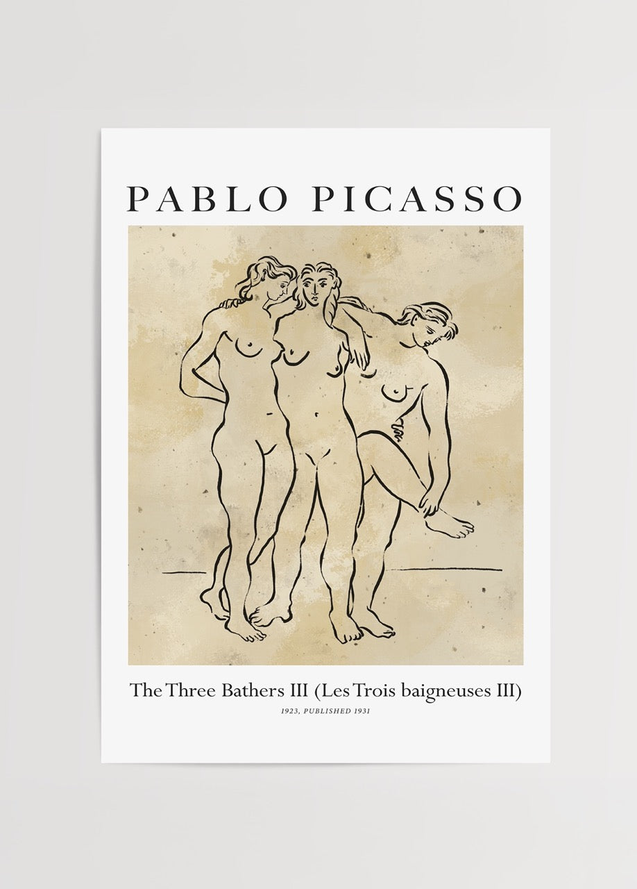 Pablo Picasso’nun The Three Bathers III (1923) eserinden esinlenilerek hazırlanmış, üç kadın figürünü içeren klasik çizgi sanat posteri.