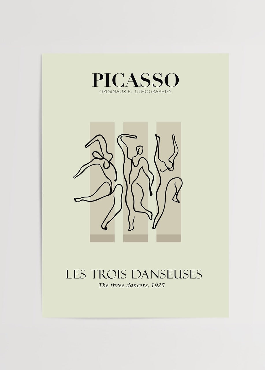 Picasso’nun Üç Dansçı (Les Trois Danseuses) eserinden ilham alan çizgisel ve sade modern sanat posteri.