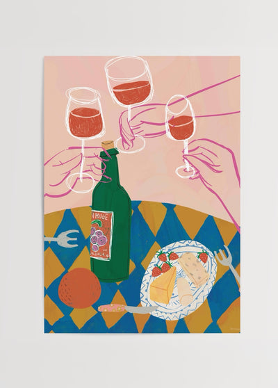 Pink Wine and Cheese Painting Poster Baskı