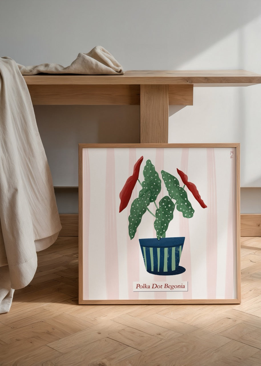 Polka Dot Begonia poster baskı – Melisa Ermiş illüstrasyonu, yeşil beyaz benekli yapraklı tropikal bitki çizimi