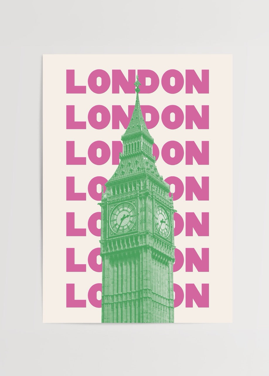 Yeşil tonlu Big Ben illüstrasyonu ve tekrar eden “LONDON” yazılarıyla tasarlanmış pop art tarzında modern şehir posteri.