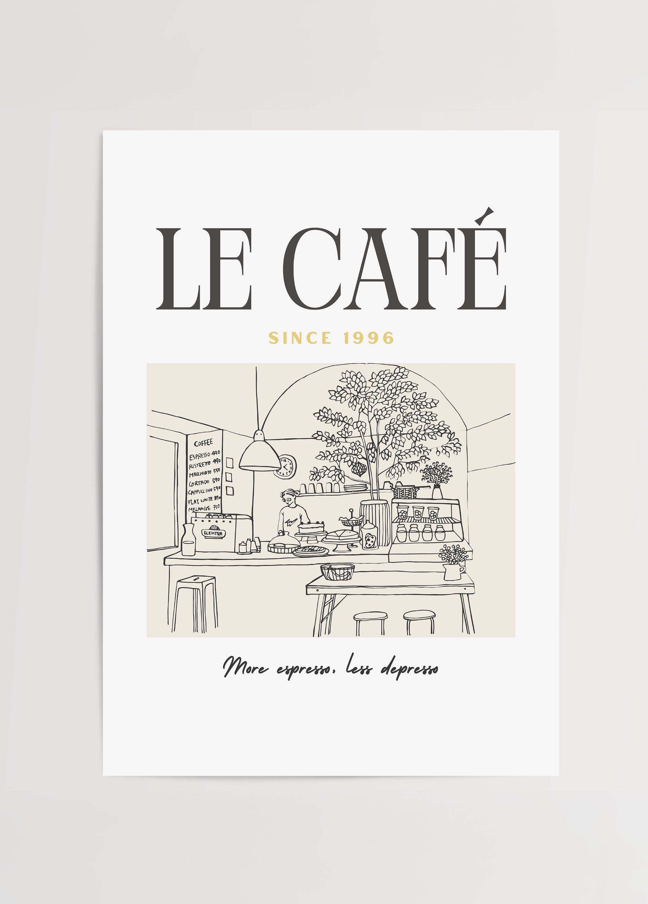 Paris kafe sahnesi line art çizimle tasarlanmış kahve temalı modern duvar posteri.