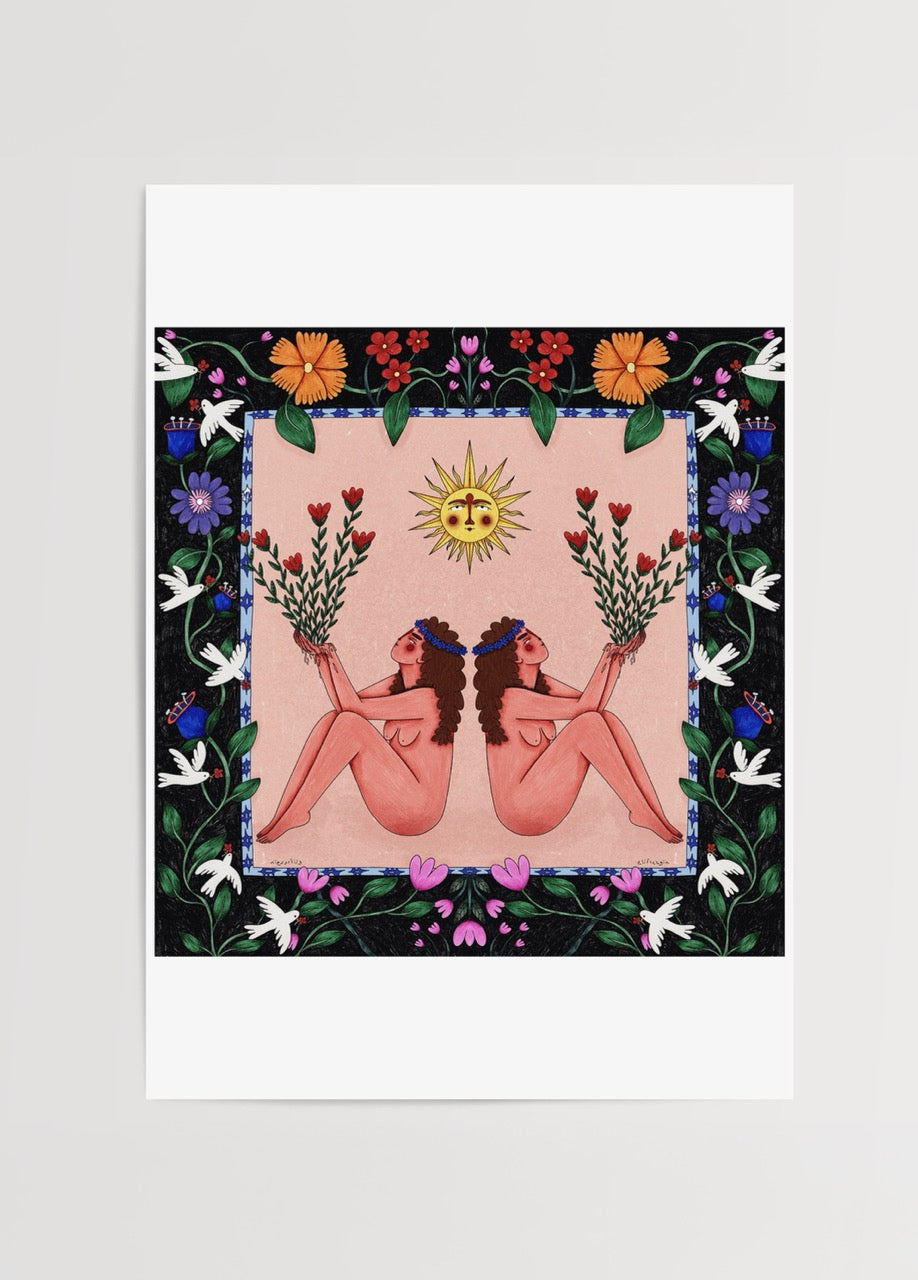 Elif Sezgin’in “Reaching for the Sun” adlı, gökyüzüne uzanan figürlü, sıcak tonlu modern illüstrasyon posteri.