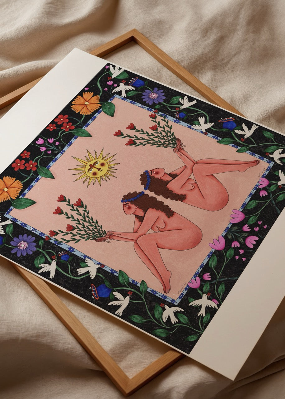 Elif Sezgin’in “Reaching for the Sun” adlı, gökyüzüne uzanan figürlü, sıcak tonlu modern illüstrasyon posteri.