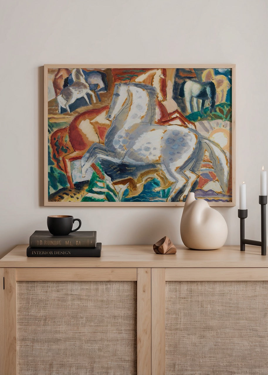 renkli at figurlu modern sanat posteri hayvan temali duvar dekoru