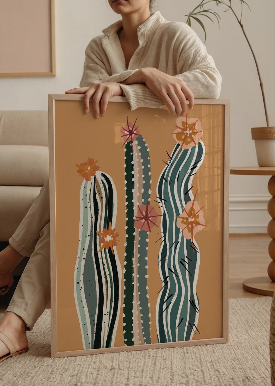 Çiçekli kaktüslerden oluşan renkli boho tarzı illüstrasyon posteri