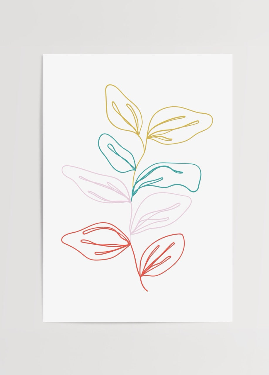 Renkli hatlarla çizilmiş soyut yapraklardan oluşan minimalist poster