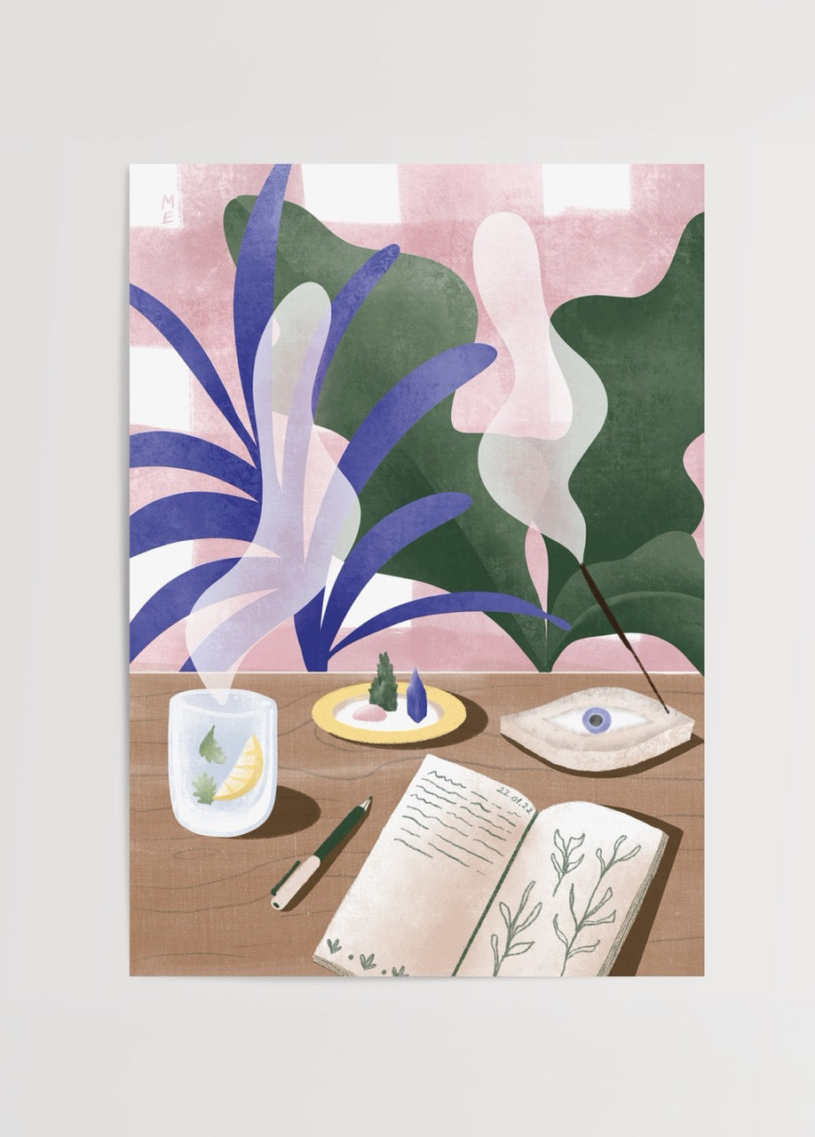Ritual poster baskı – Melisa Ermiş illüstrasyonu, defter, tütsü ve bitki detaylı modern sanat eseri