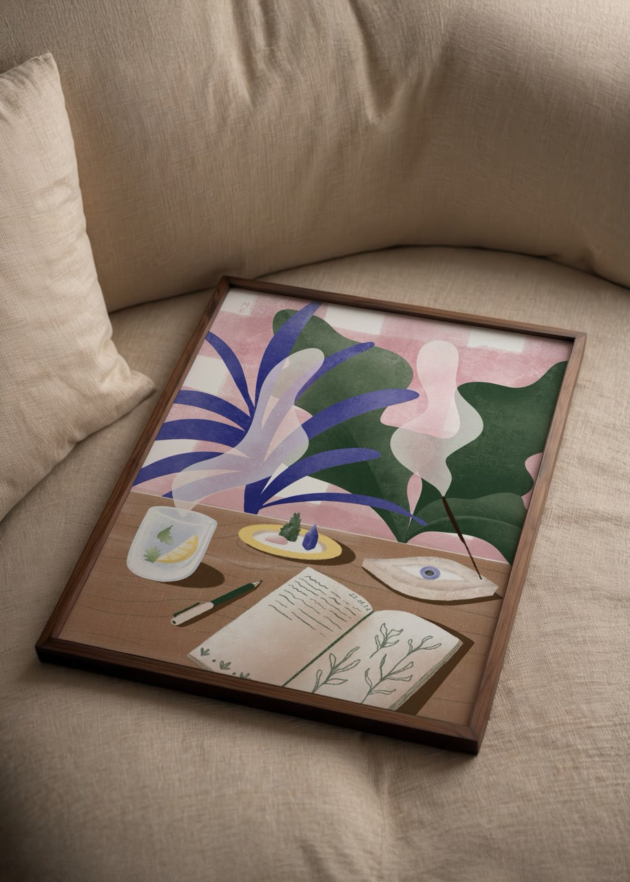 Ritual poster baskı – Melisa Ermiş illüstrasyonu, defter, tütsü ve bitki detaylı modern sanat eseri