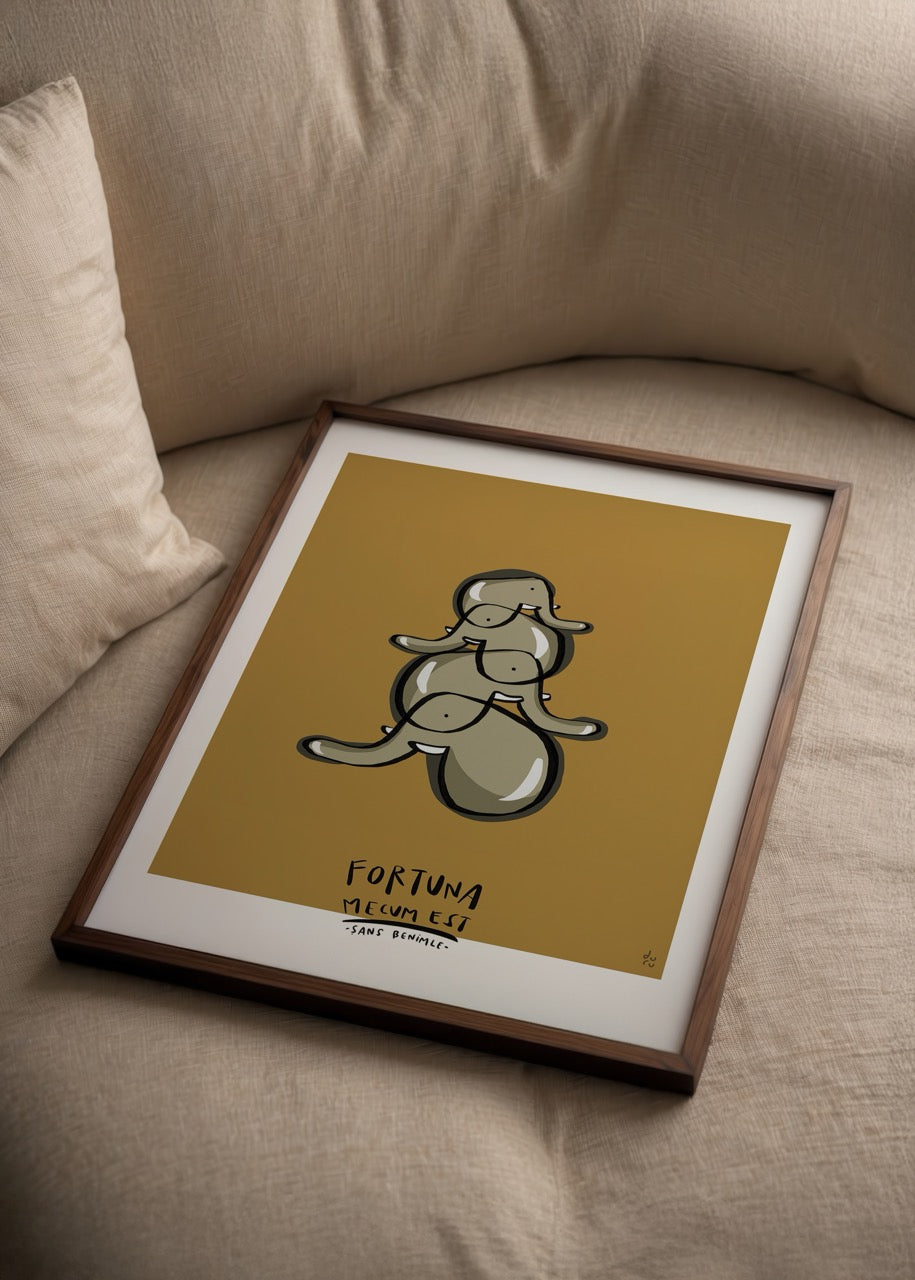 Üst üste dizilmiş soyut figürlerden oluşan, şansın benimle olduğunu simgeleyen sıcak tonlarda illüstrasyon posteri.