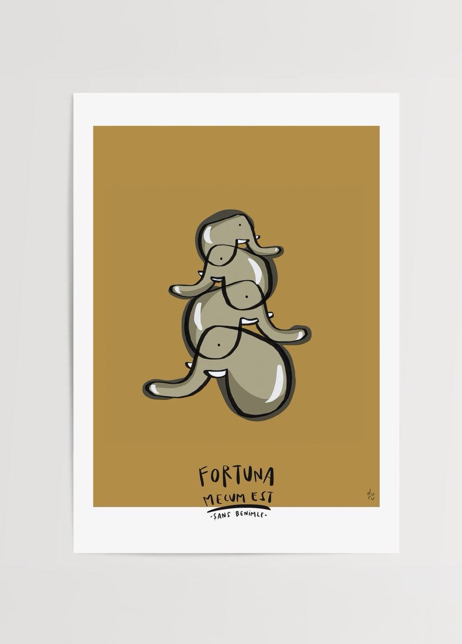 Üst üste dizilmiş soyut figürlerden oluşan, şansın benimle olduğunu simgeleyen sıcak tonlarda illüstrasyon posteri.