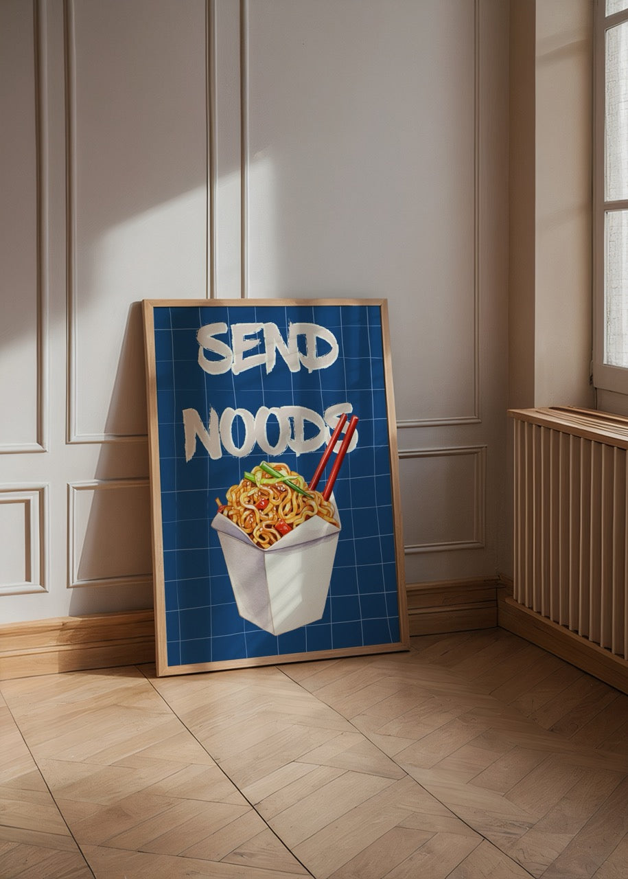 Mavi zemin üzerinde noodle kutusu ve Send Noods yazılı modern illüstrasyon poster