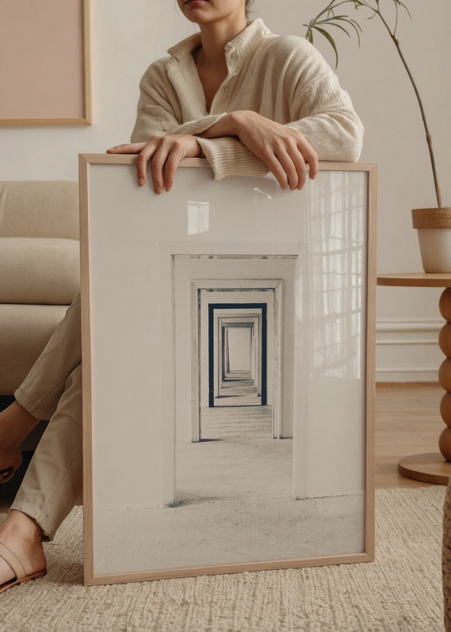 Minimalist ardışık kapılar konseptinde siyah beyaz modern fotoğraf posteri