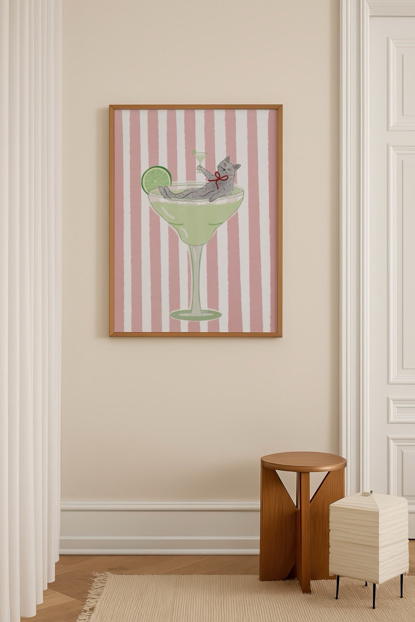 yagmur solakoglu kokteyl içinde kedi illüstrasyon modern poster