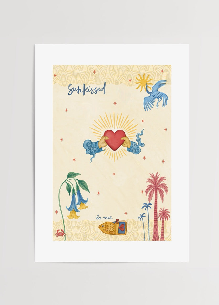 Thola Studio Sunkissed posteri, tropikal öğeler ve kalp figürüyle güneşli sanat illüstrasyonu, modern duvar dekorasyonu.