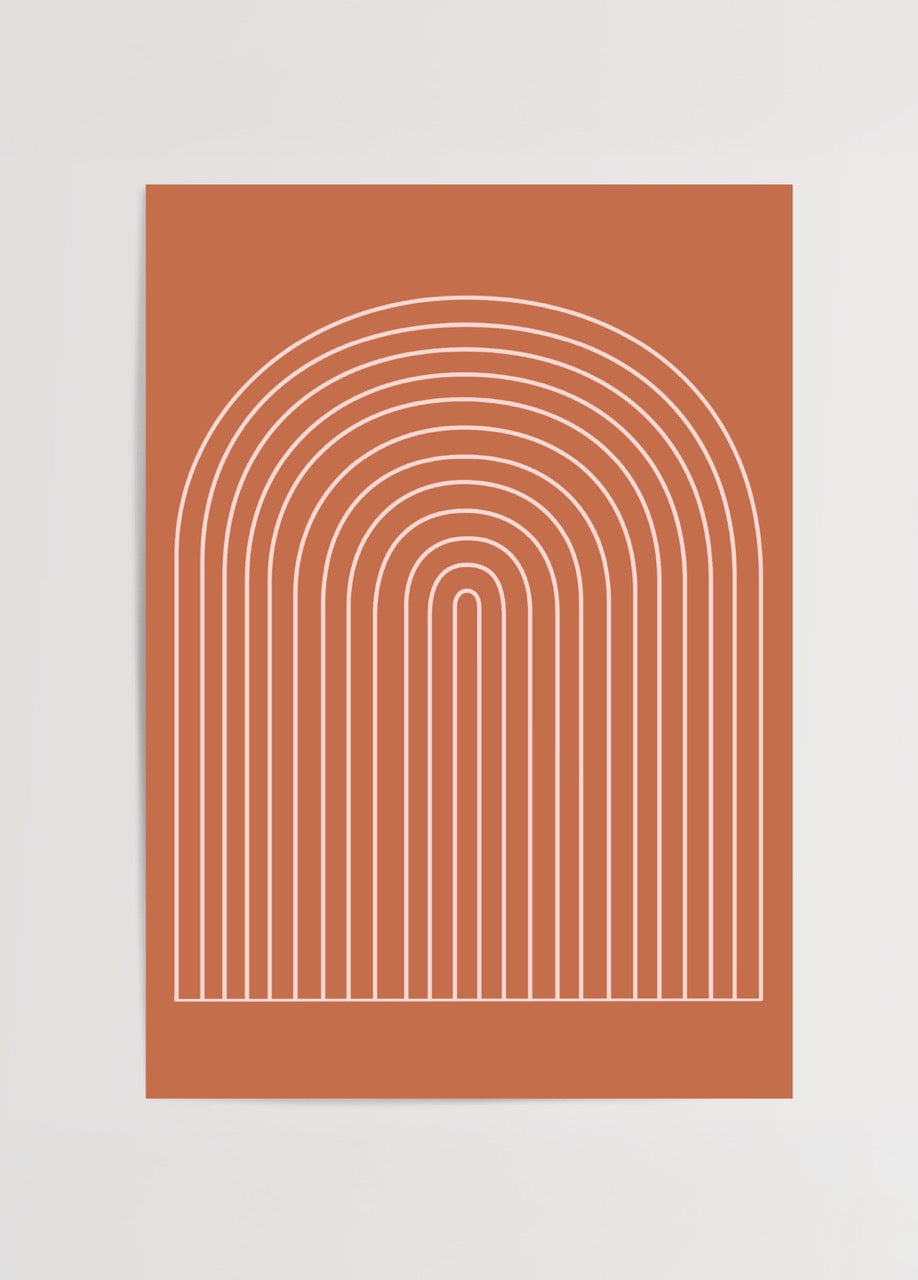 Turuncu zemin üzerine beyaz çizgilerle oluşturulmuş minimal kavisli kemer desenli modern poster.