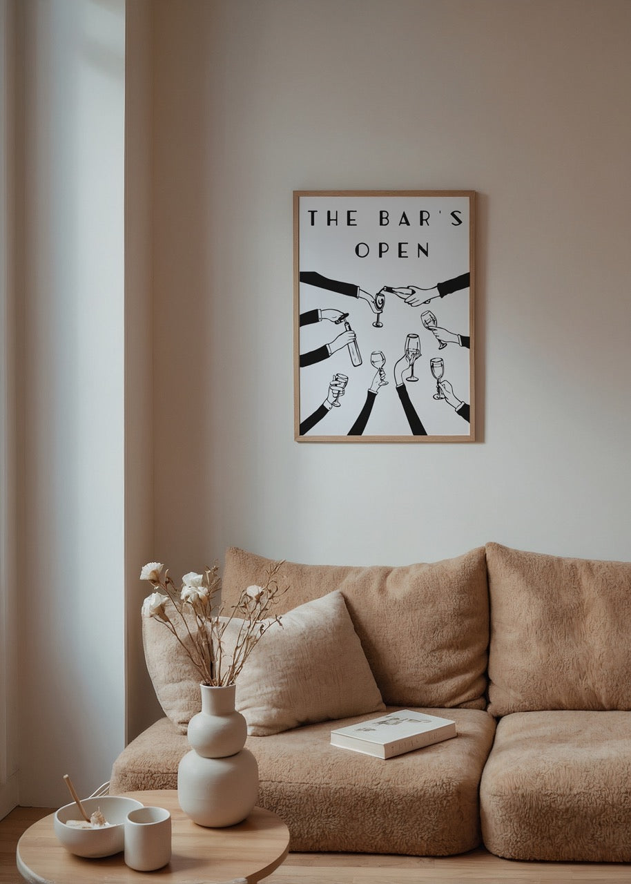 Siyah beyaz illüstrasyonlu “The Bar’s Open” yazılı eğlenceli poster baskı.