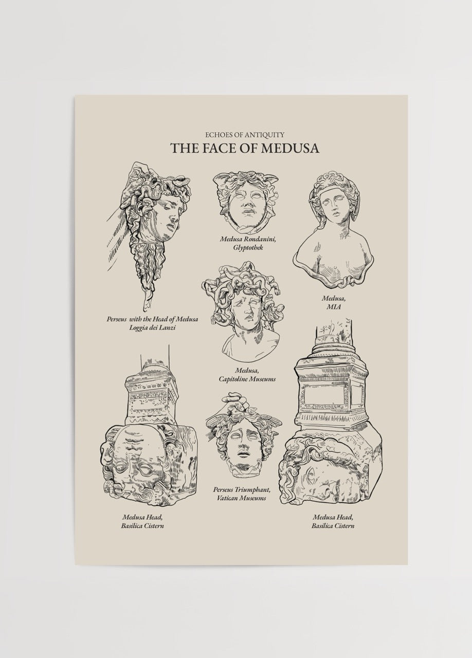 Elif Bilgin’in The Face of Medusa posteri, antik sanat ve mitoloji temalı illüstrasyon, Medusa başı çizimleri.