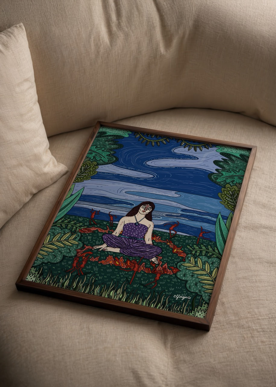 Doğa manzarasında, ateş çemberinin ortasında meditasyon yapan bir kadın figürünün yer aldığı sürreal illüstrasyon posteri.