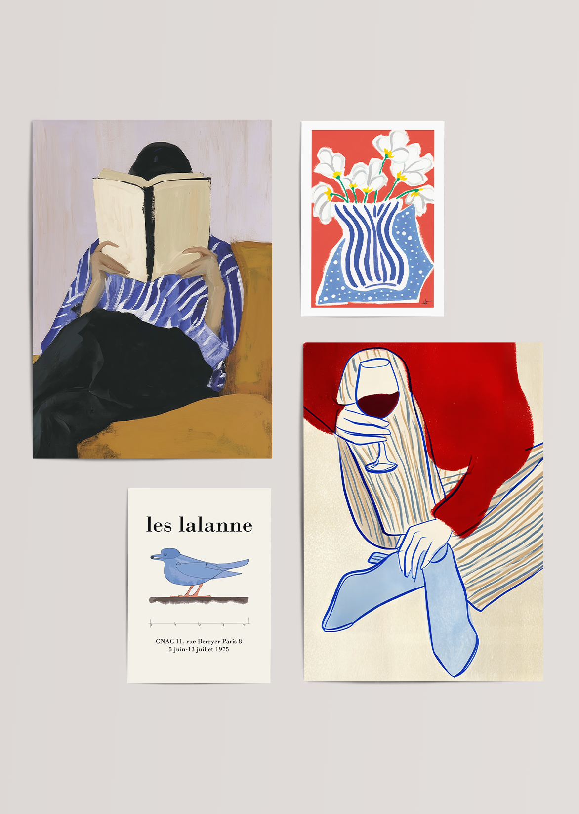 The Reader, Fleurs, Les Lalanne ve Kadehli Figür posterlerinden oluşan modern 4’lü galeri duvarı kombinasyonu.