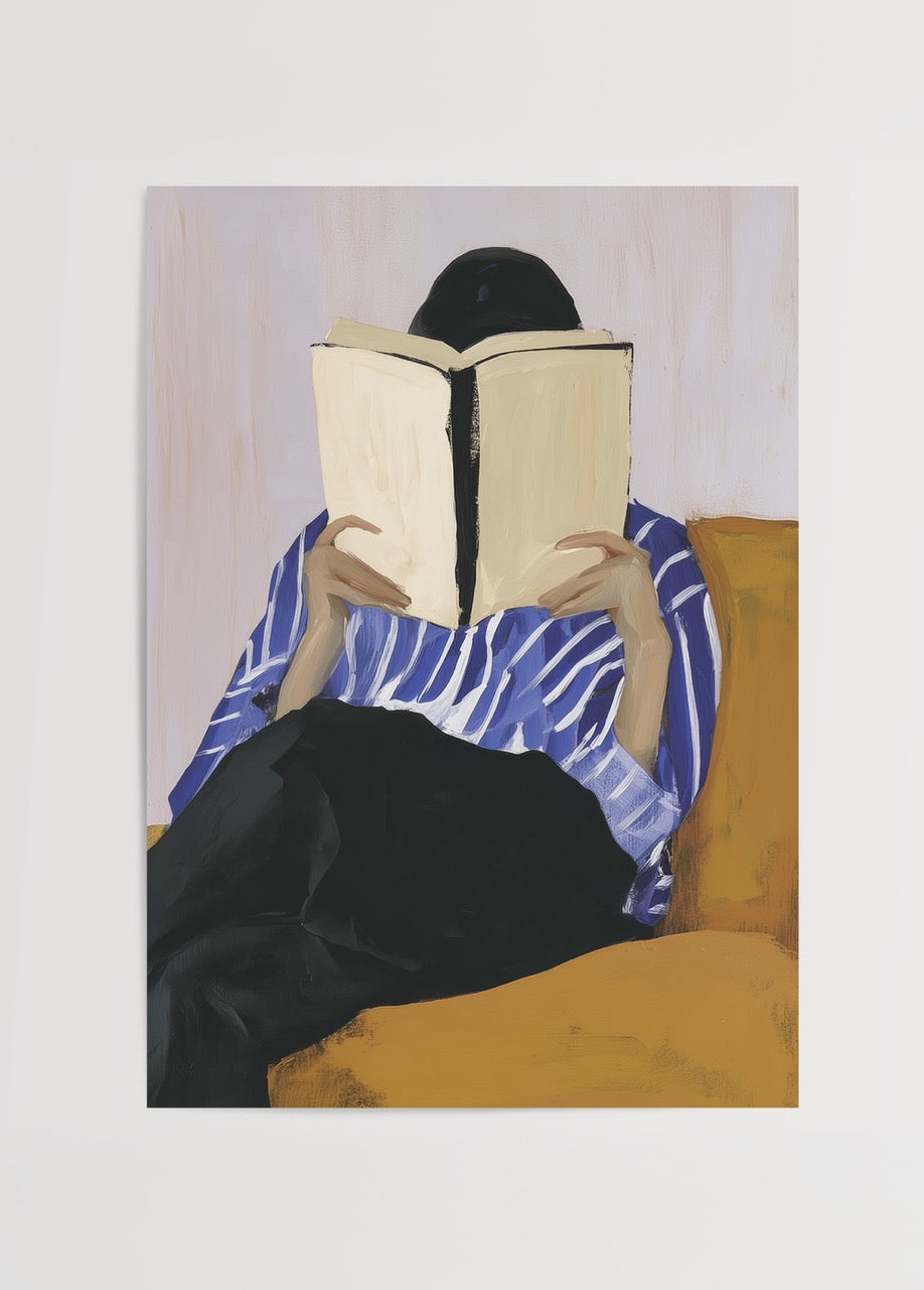 Yaren Ünlü’nün “The Reader” adlı, kitap okuyan figürü betimleyen illüstratif poster baskı.