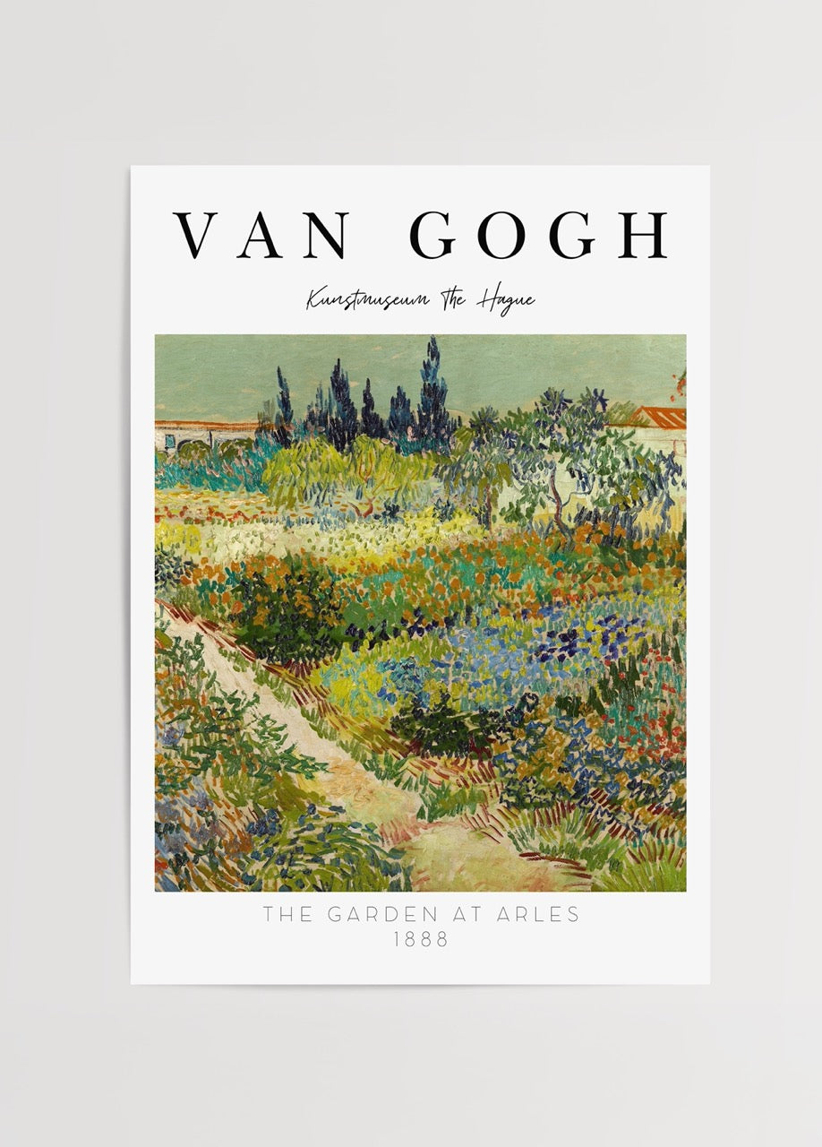 Vincent van Gogh’un 1888 tarihli “The Garden at Arles” adlı tablosundan uyarlanmış, çiçekli ve doğa temalı sanat posteri.