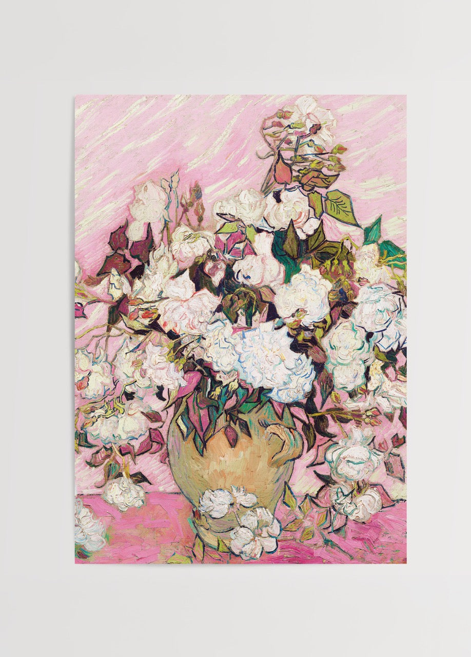 Van Gogh tarzında pembe zemin üzerine beyaz çiçeklerle dolu vazo tablosu posteri