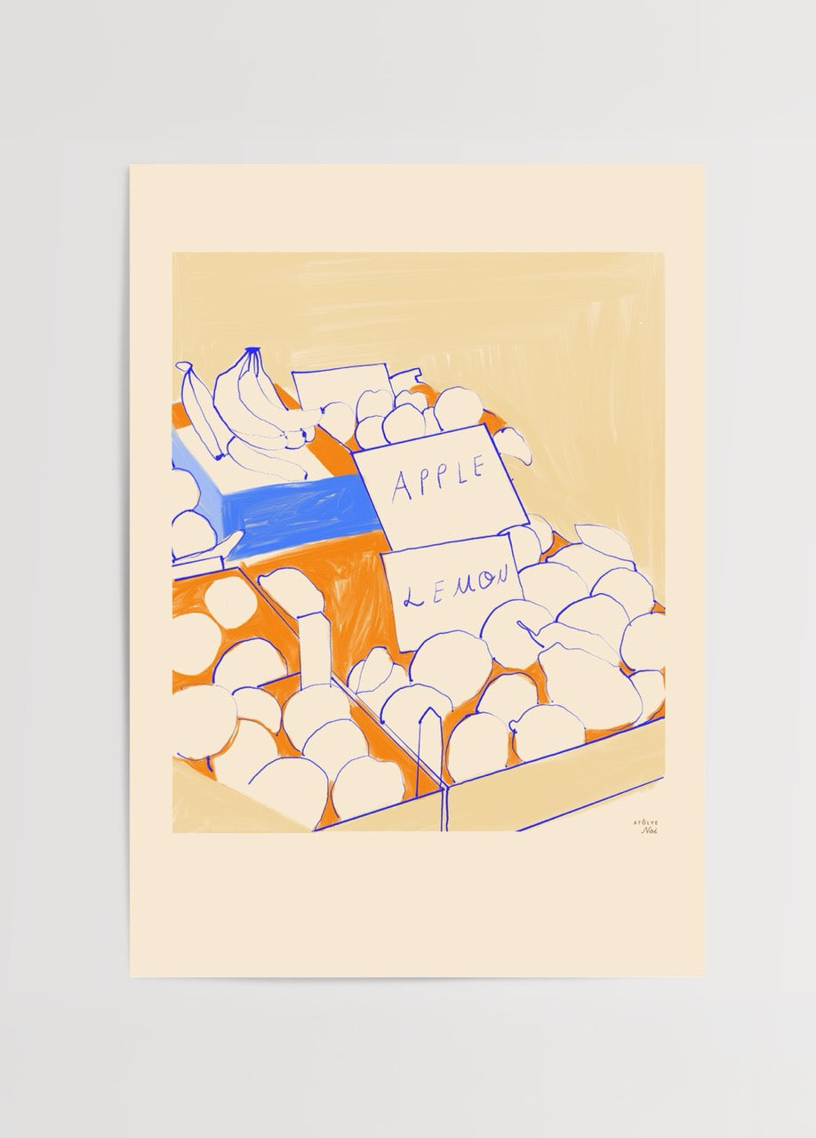 Atölye Noi imzalı Veggie posteri, meyve ve sebze tezgâhı çizimiyle renkli ve modern duvar dekoru için sanat baskısı.