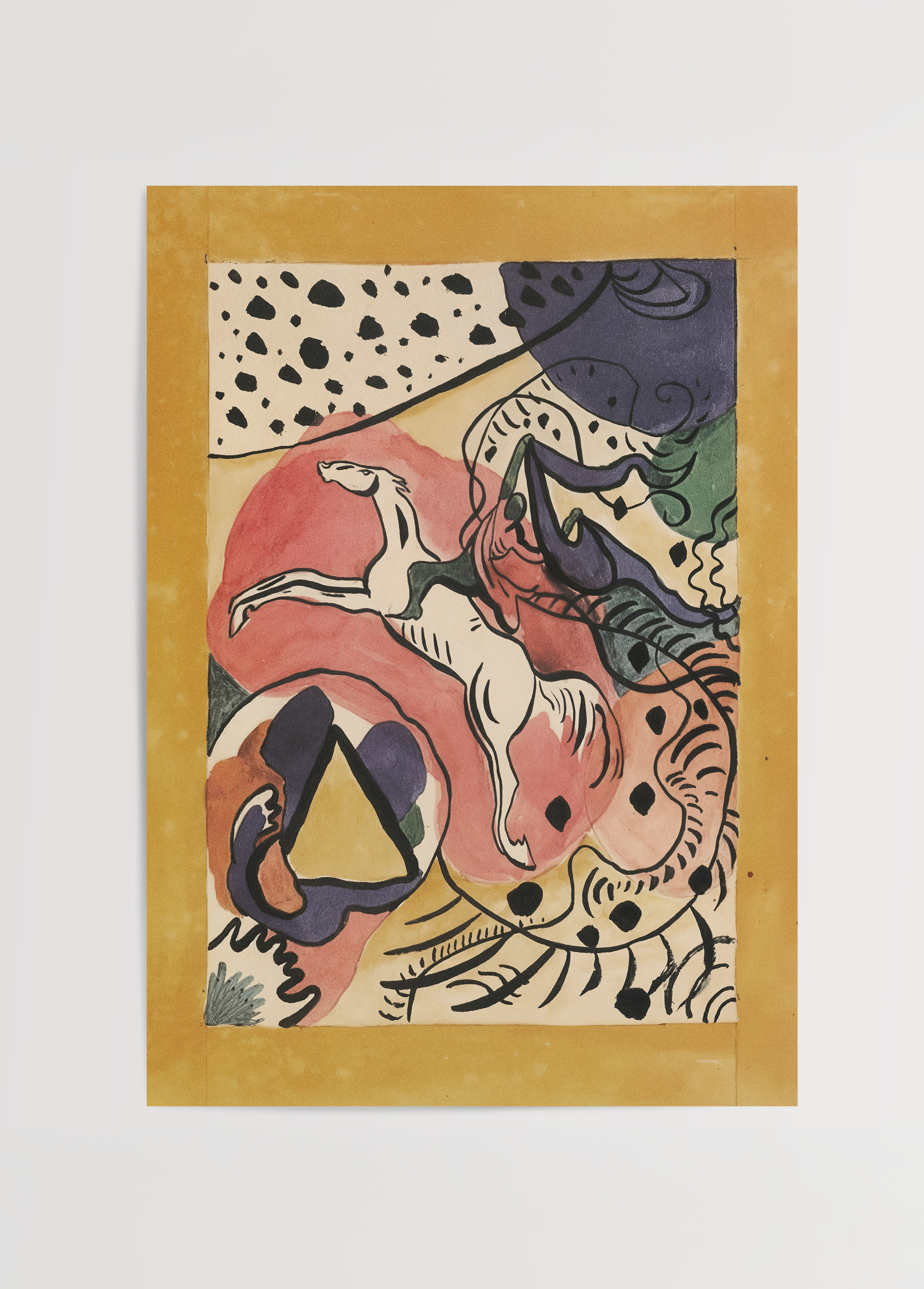 Wassily Kandinsky The Blue Rider hardal, pembe, mor ve yeşil tonlarda at ve binici figürlü sanat posteri