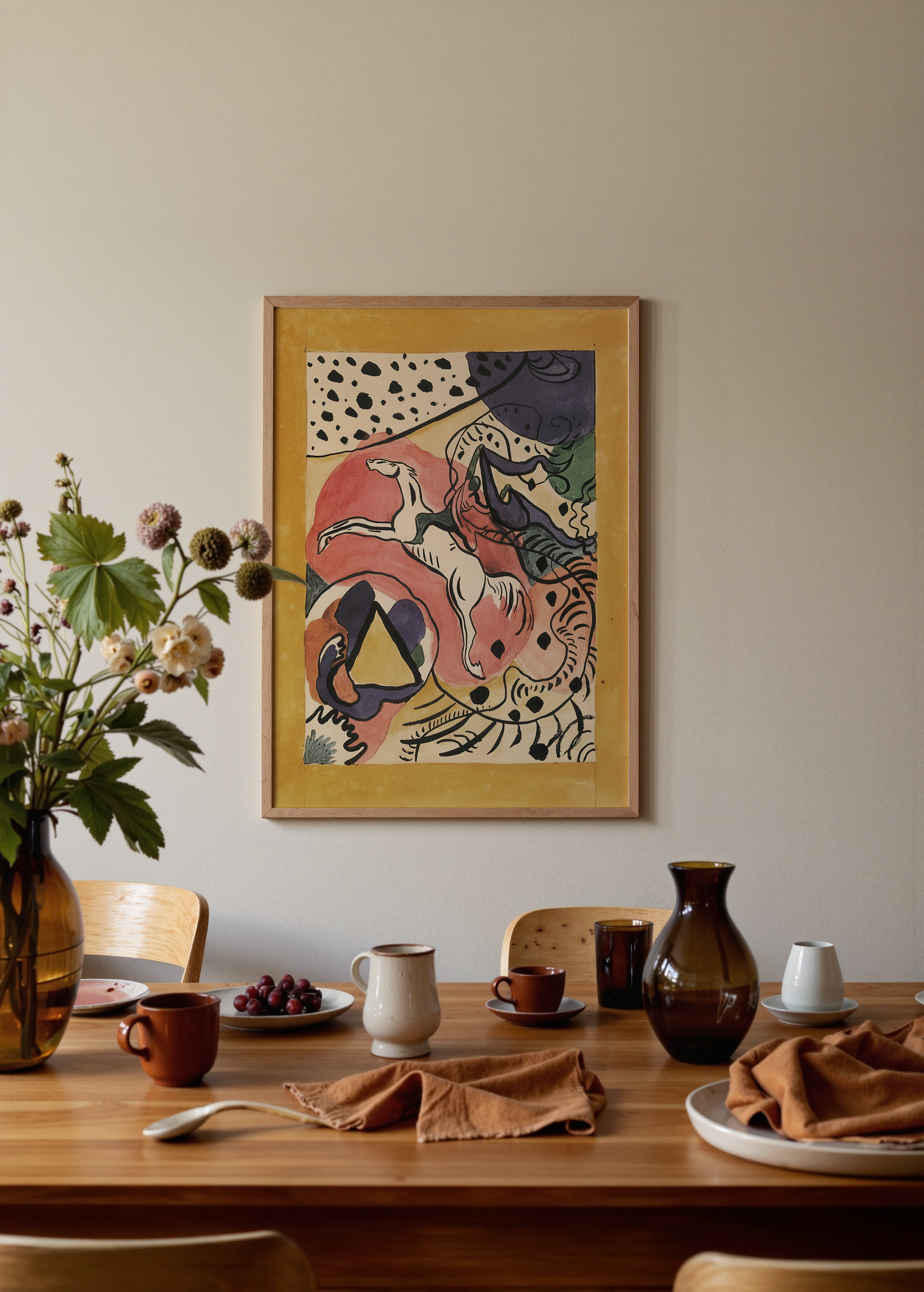 Wassily Kandinsky The Blue Rider hardal, pembe, mor ve yeşil tonlarda at ve binici figürlü sanat posteri