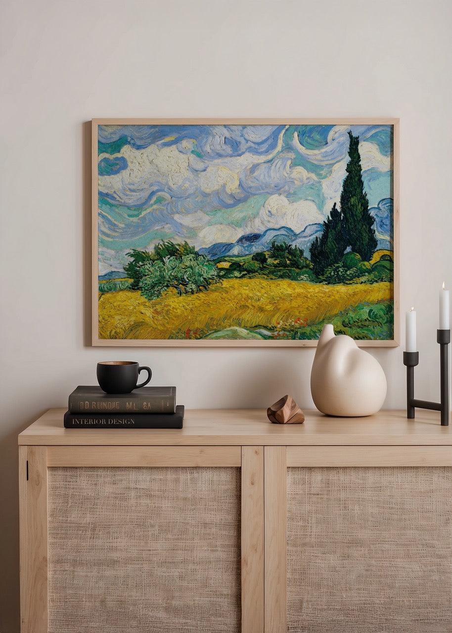 Vincent van Gogh’un buğday tarlası ve selvi ağaçlarıyla dolu doğa manzarası tablosunun poster baskısı
