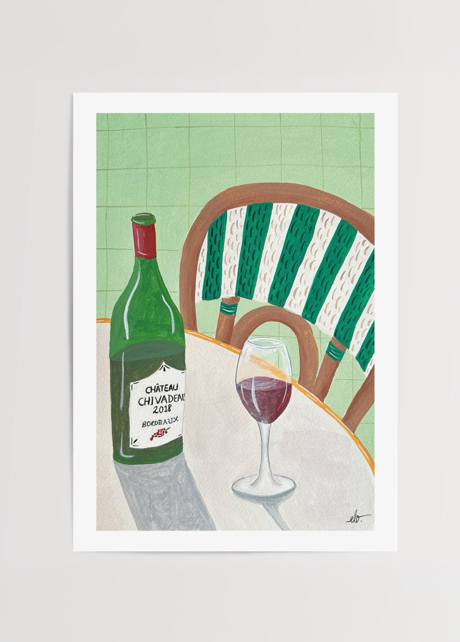 Elif Işık imzalı Wine O’Clock Green posteri, yeşil tonlarda bir şarap şişesi ve kadehiyle sıcak Akdeniz atmosferini yansıtan illüstrasyon.