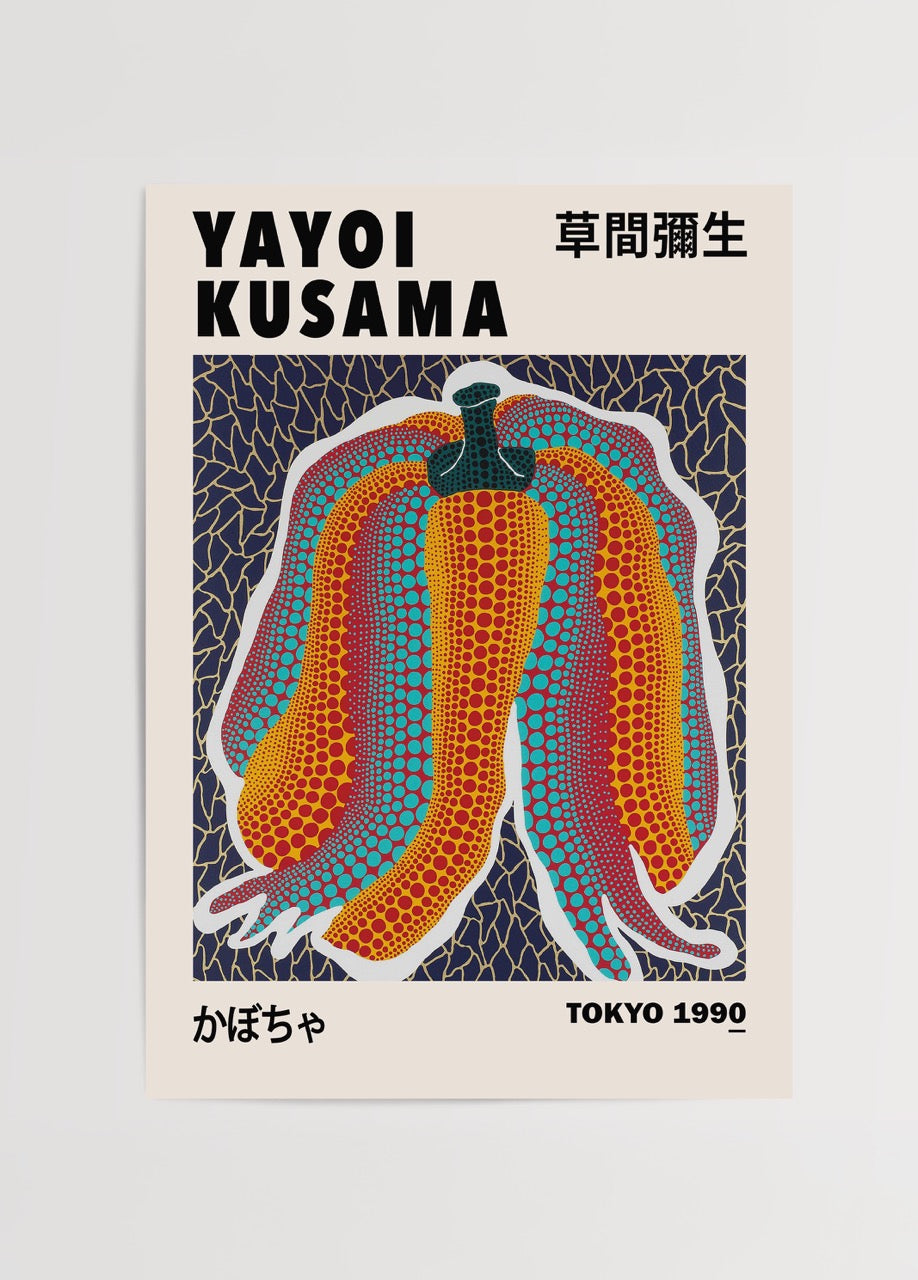 Nokta desenli balkabağı figürü bulunan Yayoi Kusama stilinde modern sanat poster baskı