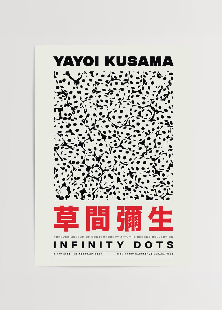 Siyah beyaz noktalardan oluşan modern desenli Yayoi Kusama stilinde sanat posteri