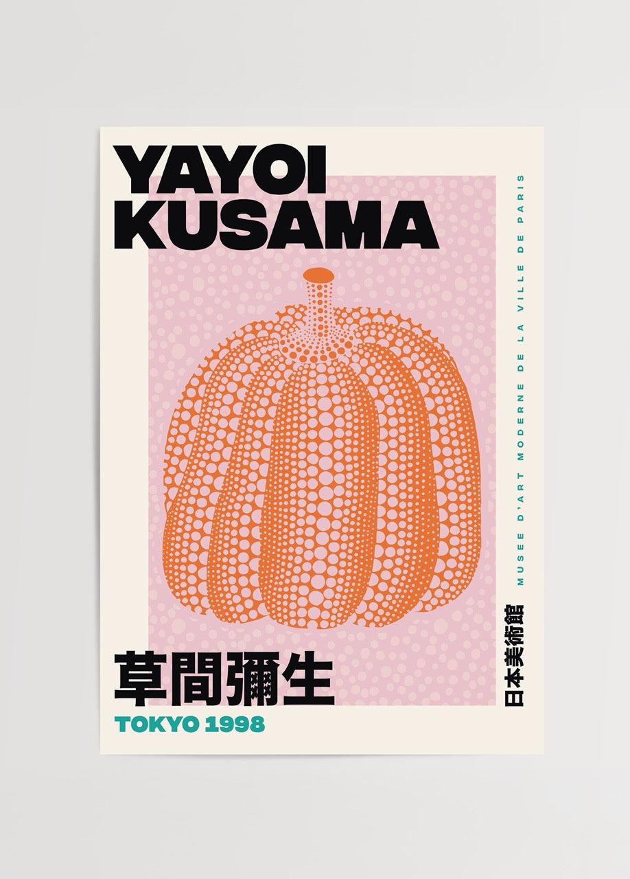 Yayoi Kusama’nın pembe arka plan üzerinde benekli turuncu kabak tasarımı, Tokyo 1998 posteri