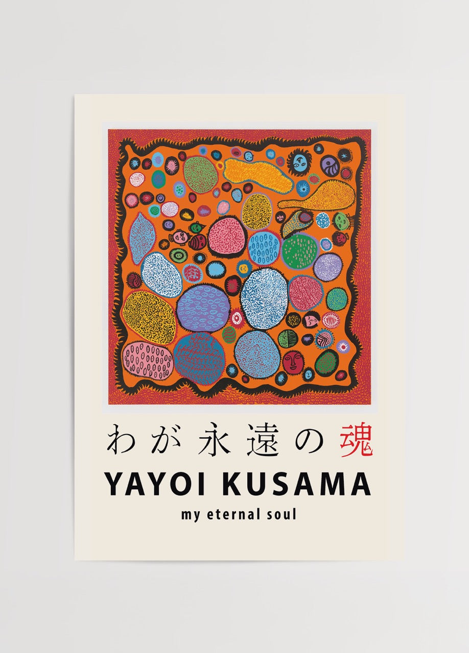 Yayoi Kusama’nın “My Eternal Soul” serisinden ilhamla tasarlanmış renkli soyut poster