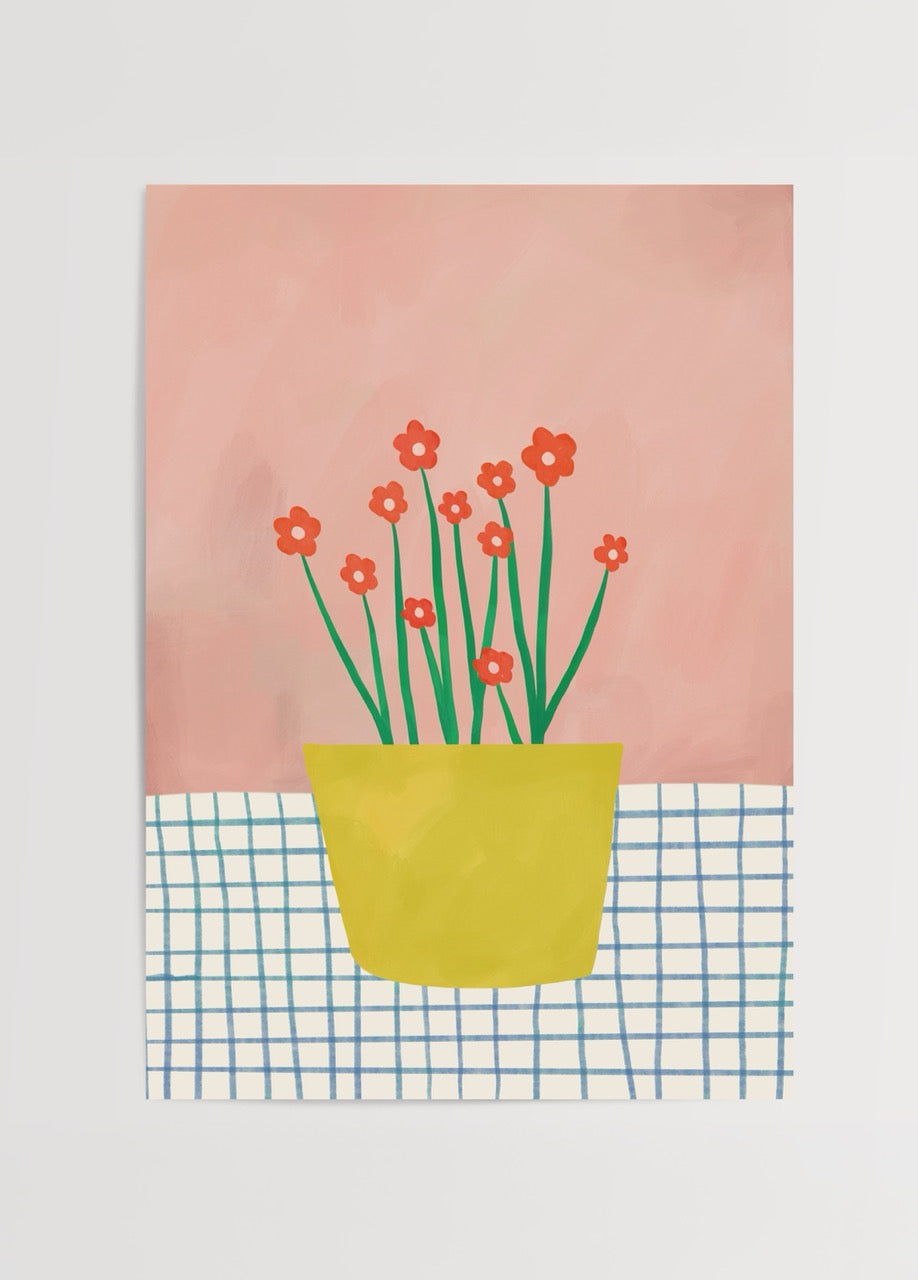 Sarı saksıda kırmızı çiçek illüstrasyonlu modern pastel floral poster baskı