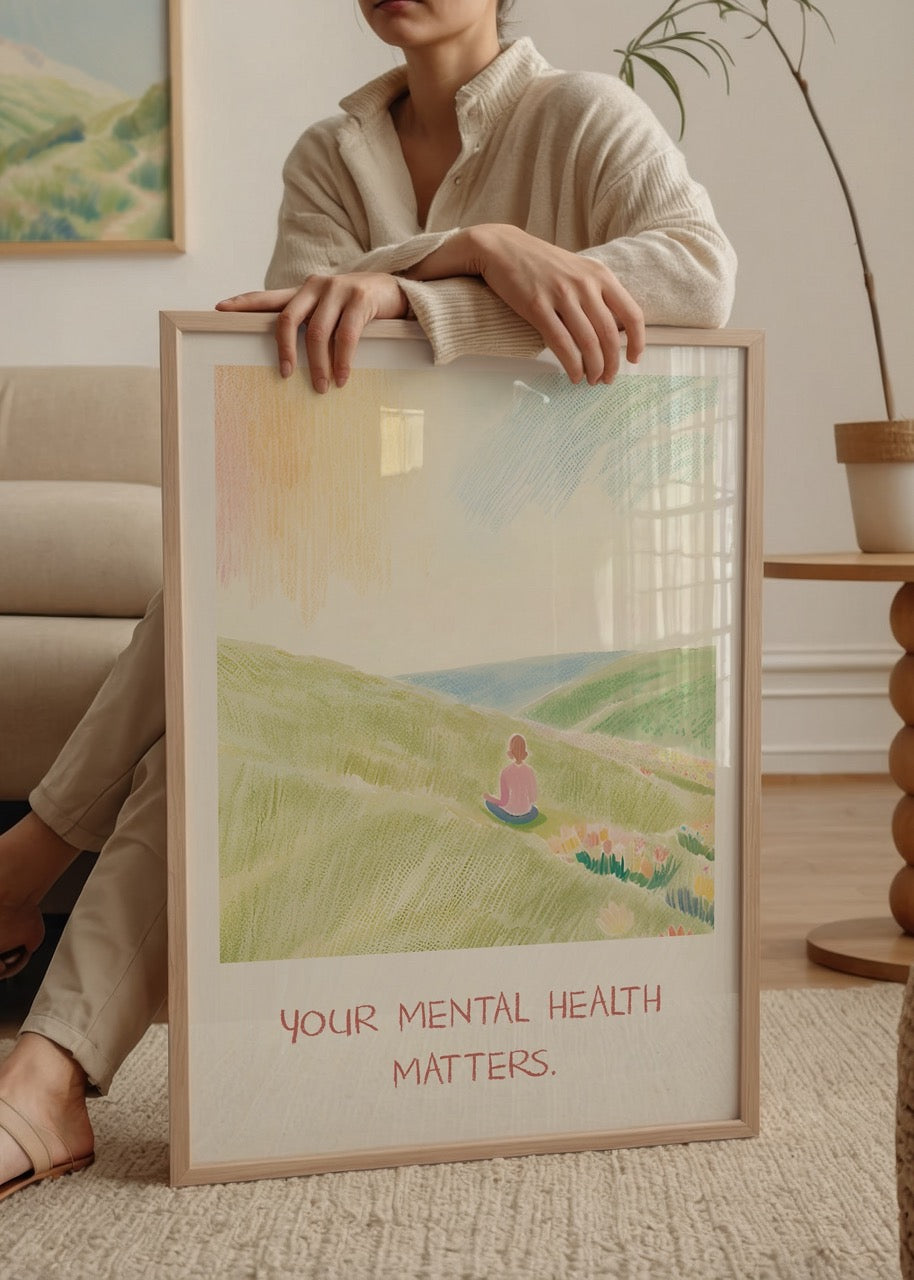 Your Mental Health Matters yazılı, doğada meditasyon yapan kişiyi gösteren pastel tonlarda illüstrasyon poster