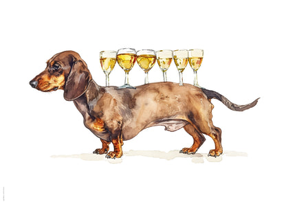 Dachshund & Şarap Kadehleri – Mizahi Hayvan İllüstrasyonu Poster Baskı
