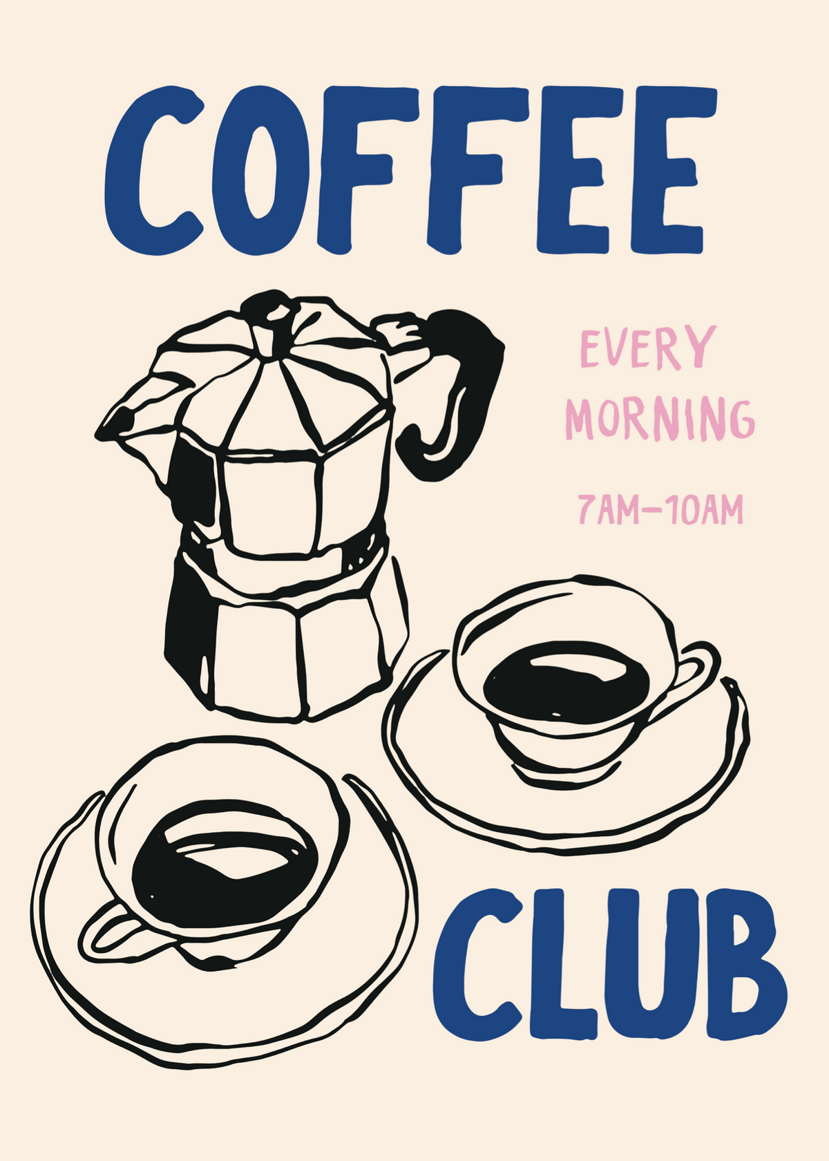 Coffee Club – Moka Pot ve Kahve Fincanı İllüstrasyon Poster Baskı