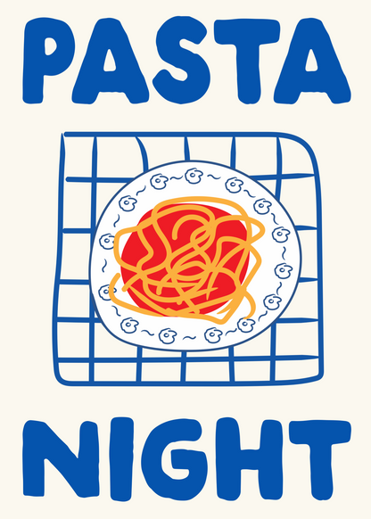 Pasta Night – Renkli İllüstrasyonlu Makarna Gecesi Poster Baskı