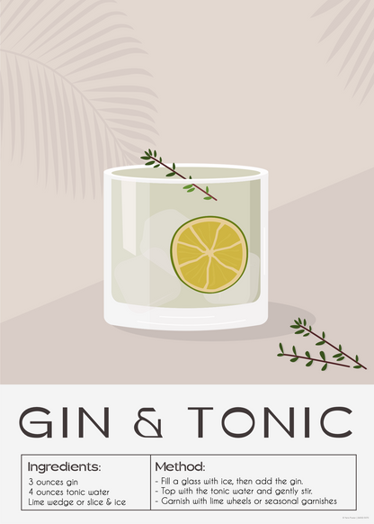 Gin ve Tonic Tarifli Minimal Poster Baskı