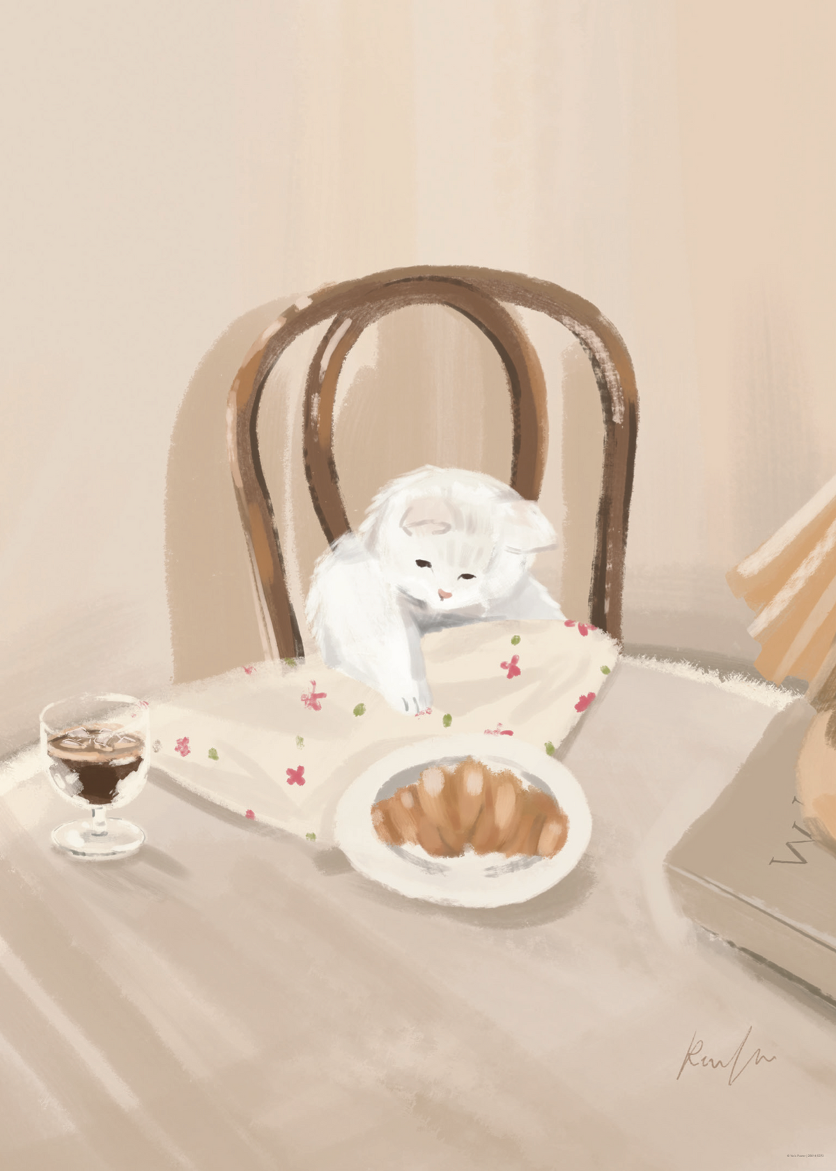 Kahvaltı Keyfi Poster Baskı – Cozy Kedi ve Croissant İllüstrasyonu