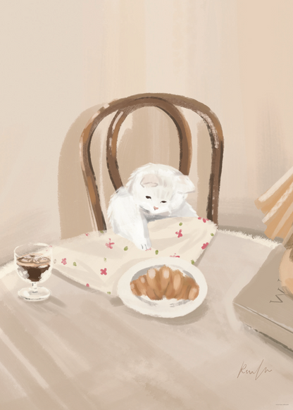 Kahvaltı Keyfi Poster Baskı – Cozy Kedi ve Croissant İllüstrasyonu