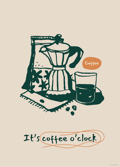 Coffee O’Clock Poster Baskı – Moka Pot ve Kahve İllüstrasyonu