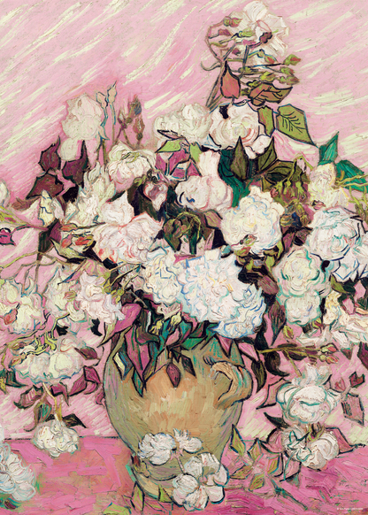 Van Gogh Stili Pembe Zeminde Beyaz Çiçekler – Klasik Sanat Posteri
