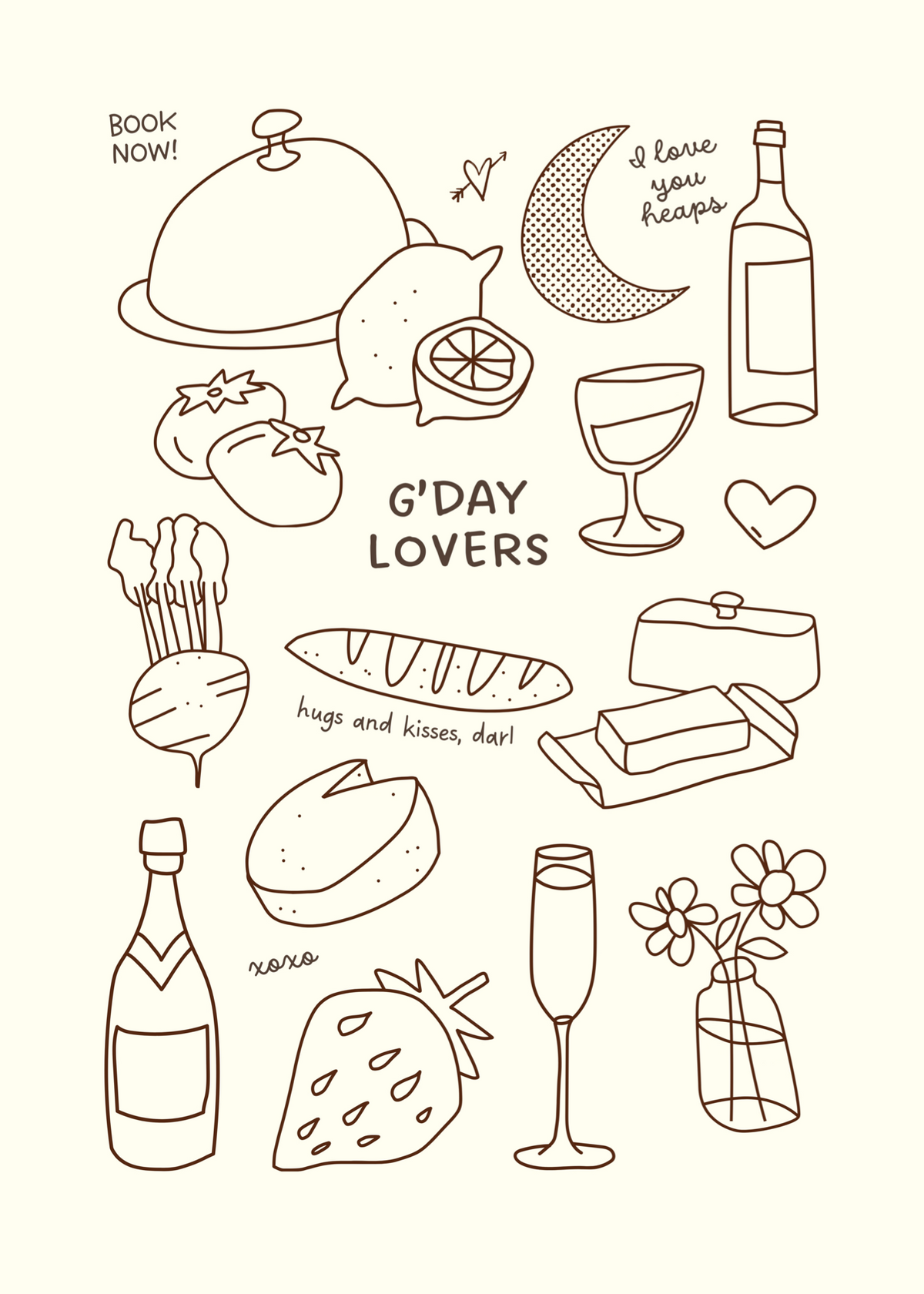 G'Day Lovers – Minimal Çizimli Aşk ve Yemek Temalı Poster Baskı