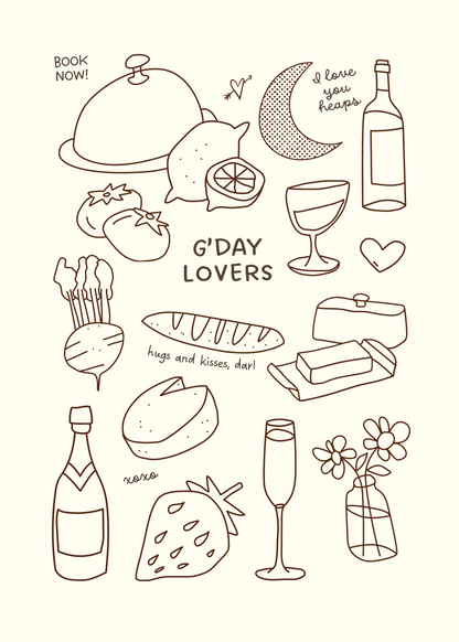 G'Day Lovers – Minimal Çizimli Aşk ve Yemek Temalı Poster Baskı
