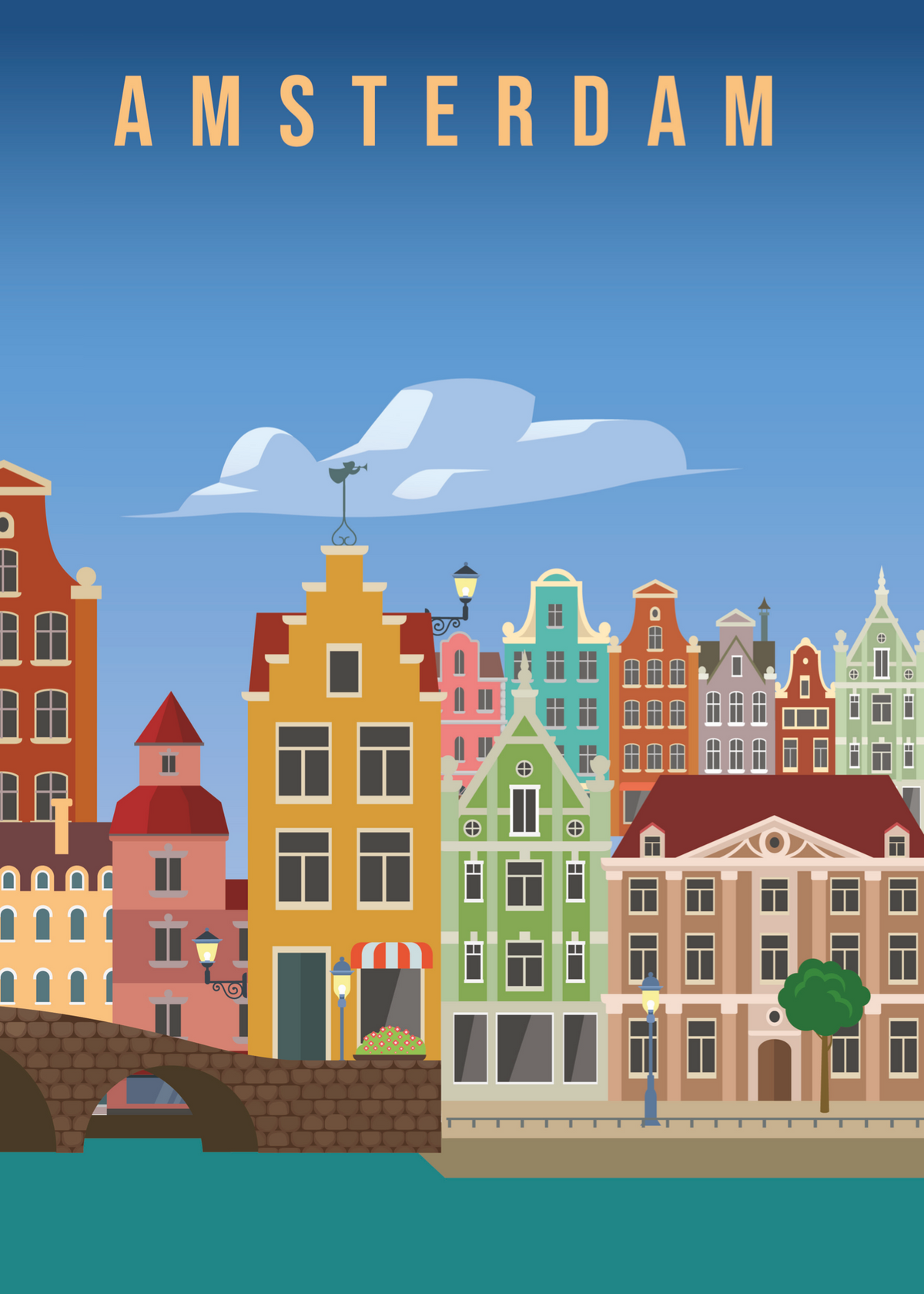 Amsterdam Kanal Evleri İllüstrasyon Poster Baskı