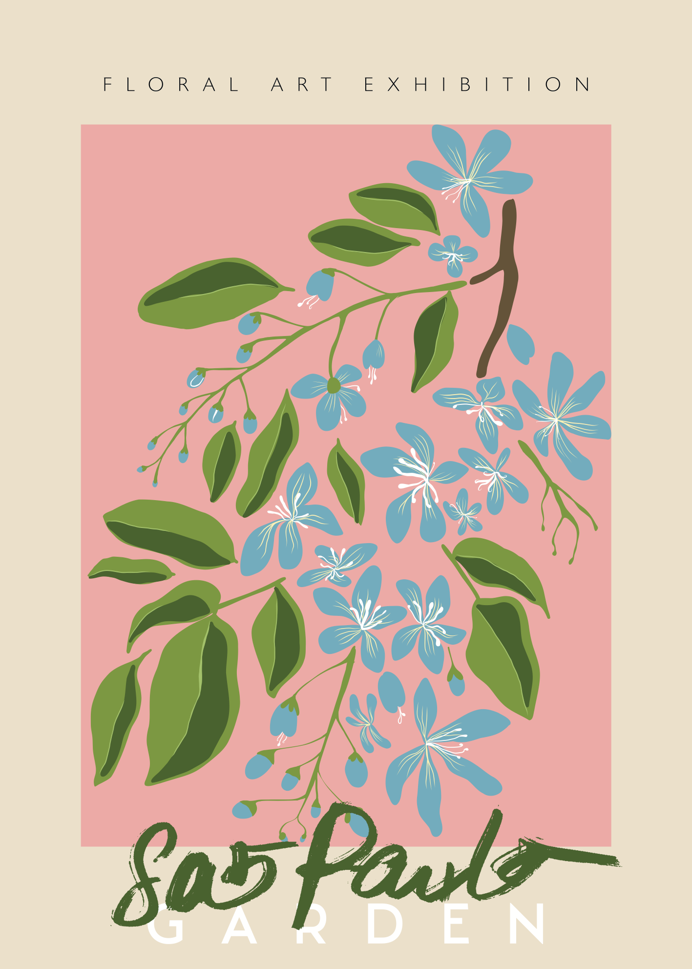 São Paulo Garden Poster | Pembe Zeminli Mavi Çiçek İllüstrasyonu